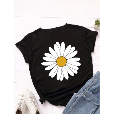 Women Daisy Floral Print O  Neck Casual Short Sleeve T  Shirts