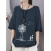 Cotton Flower Printed Round Neck Artsy Thin T  Shirt for Women