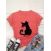 Women Cartoon Cat Letter Printed O  Neck Casual Short Sleeve T  Shirts