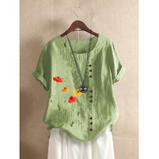 Flower Print O  neck Short Sleeve Button T  Shirt For Women