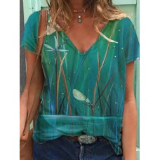 Women Dragonfly Plant Print V  Neck Leisure Short Sleeve T  Shirt