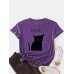 Women Kiss Cat Print O  Neck Short Sleeve Casual T  Shirt